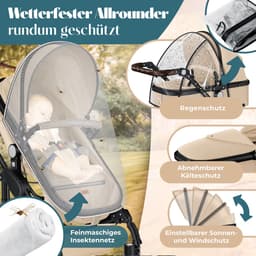 KESSER® Kinderwagen 3 in 1 Loops Wandelwagen Set incl. Autostoel & Reiswieg & Buggy Sportzitje - Massieve Rubberbanden - Luiertas / Regenhoes - Beige / Zwart — thumbnail 3
