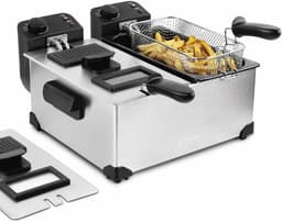 Dubbele Friteuse - Frituurpan Keuken - Lekkere Snacks Maken - Twee Onafhankelijke Thermostaten - 2x 3 Liter - Zilverkleurig — thumbnail 1
