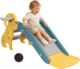Glijbaan voor kinderen, kleine kinderglijbaan met basketbalmand, tuinglijbaan, peuterglijbaan, kinderspeelglijbaan binnen jaar, kinderglijbaan voor binnen en buiten, babyglijbaan, geel — thumbnail 1