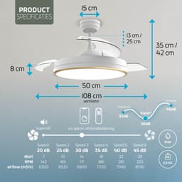 Varin® Smart Ventilator met LED verlichting RGBW - Wit/Goud - Tuya Wifi - Ø 108cm - Super stil - Smart lamp - Plafondlamp slaapkamer - Plafonniere woonkamer - Plafondlampen - Plafond lamp - Verlichting kinderkamer - Plafond ventilator — thumbnail 5