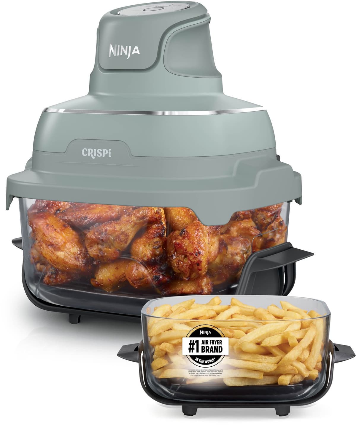 Ninja CRISPi 4-in-1 Glazen Airfryer, 3,8 l en 2,3 l, airfryen, braden, warmhouden en opnieuw krokant maken, compact ontwerp, 2 verwijderbare glazen schalen en deksels, 1700 W - Groen - FN201EUGN8 — afbeelding 1