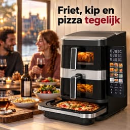 Cheqo® Dubbele Airfryer met Pizza Oven - Heteluchtfriteuse XXL met 2 Manden en Kijkvenster - Pizzamaker - Airfryer Dual Zone - Friteuse zonder Olie - Hetelucht Oven - Touchscreen - 12 Programma's - PFAS-Vrij - Pizzaoven - 2800W - Zwart — thumbnail 2