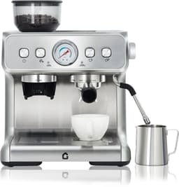Espressomachine RVS met Bonenmaler - 42x40x48cm - Koffiemachine - 20 Bar Druk - 1400W - Afneembare 2.8L Watertank - met Stoompijp - Voor Thuis En Kantoor - Zilver — thumbnail 1