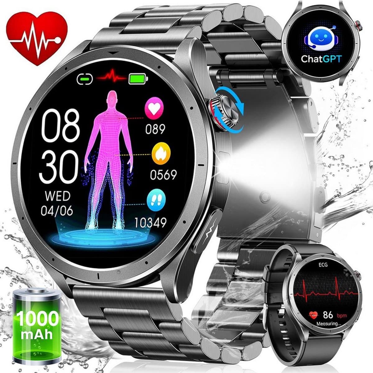 FOSMET Smartwatch - Horloge Heren - AI-Gezondheidsanalyse - ECG,PPG,HRV & SpO2 - 1,75 inch - AMOLED Scherm - 5ATM Waterdicht - 100+ Sportmodi - Stappenteller - Hartslagmeter - Slaapmonitor - Belfunctie - Geschikt voor Android en IOS - Zwart — afbeelding 1