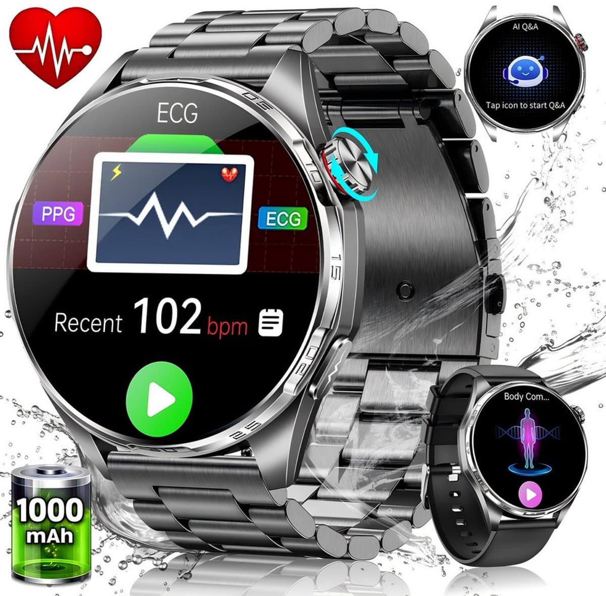 FOSMET Smartwatch Heren en Dames - Horloge Heren - 1,74 inch - AMOLED Scherm - 5ATM Waterdicht - 150+ Sportmodi - Waterdicht - Stappenteller - Hartslagmeter - Slaapmonitor - Belfunctie - Geschikt voor Android en IOS-Elke pols - Zwart — afbeelding 1