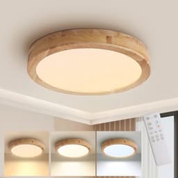 Dimbare Houten LED Plafondlamp - 40 cm - Met Afstandsbediening - Ronde Plafondlamp voor Slaapkamer, Kantoor en Keuken — thumbnail 4