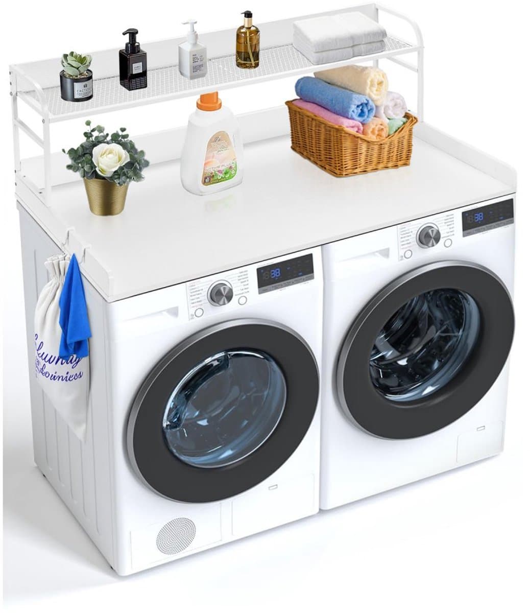 Wasmachine- en droger werkblad - Aanrechtblad met 2-laags opbergplank - 137 x 70 x 41,9 cm - Antislip pads - Waterbestendig - Wit — afbeelding 1