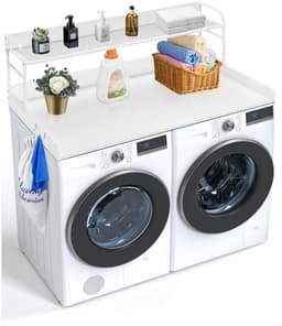 Wasmachine- en droger werkblad - Aanrechtblad met 2-laags opbergplank - 137 x 70 x 41,9 cm - Antislip pads - Waterbestendig - Wit — thumbnail 1