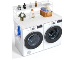 Wasmachine- en droger werkblad - Aanrechtblad met 2-laags opbergplank - 137 x 70 x 41,9 cm - Antislip pads - Waterbestendig - Wit