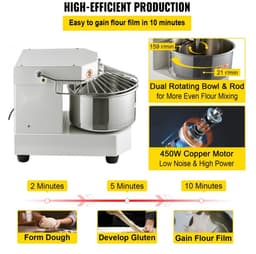 Deegkneedmachine - Deegmixer 8 L - Vermogen 450 W - Instelbare Snelheden (130/233/414 tpm) - RVS Kom - Veiligheidsschild - Timer - Zilver — thumbnail 3