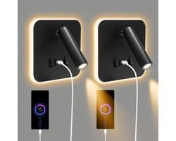 Een set van 2 LED-wandlampen voor binnen, bestaande uit een leeslamp met schakelaar, 360° draaibaar, een bedlamp van 3000K en een verstelbare spot (zwart).