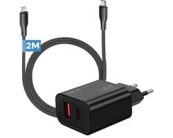 Snellader geschikt voor iPhone 14 13 12 11 X - 35w 2 poorten oplader - Geschikt voor usb C naar Lightning kabel - 2m