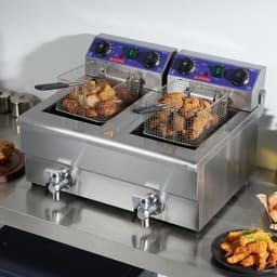 Professionele friteuse - Dubbele elektrische tafelmodel - Capaciteit 2 x 11 L - Vermogen 3000 W - RVS behuizing - Temperatuurregeling & timer - Dubbele tank & 2 manden - Zilver — thumbnail 2