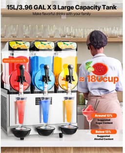 Slushmachine - Commerciële Granitamachine 3-Tanks 15 L x 3 - Roestvrij Staal - Tot 180 Kopjes - Voor Horeca en Thuis - Margarita en Smoothie — thumbnail 3