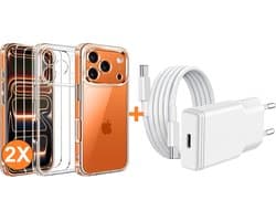 USB C Adapter - USB C Oplader 20W Met USB C Kabel 1M - Hoesje Geschikt voor iPhone 17 Pro Max transparant Anti Shock silicone met 2x screenprotector- Ntech COMBI-SET
