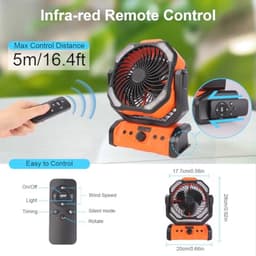 Draagbare Campingventilator met LED Licht en Afstandsbediening - Oplaadbare Tafelventilator met 270 Graden Rotatie voor Thuis en Buiten — thumbnail 5