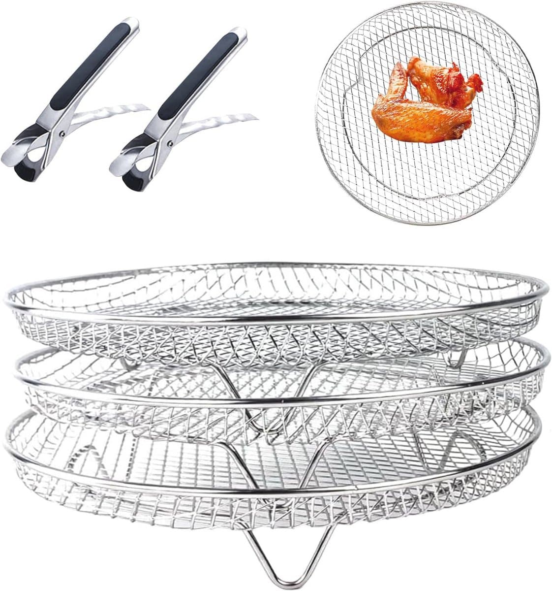 Set van 3 stapelbare manden voor airfryer met 2 tangen - Roestvrij Stalen Rekken voor Luchtfriteuse — afbeelding 1