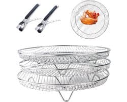 Set van 3 stapelbare manden voor airfryer met 2 tangen - Roestvrij Stalen Rekken voor Luchtfriteuse