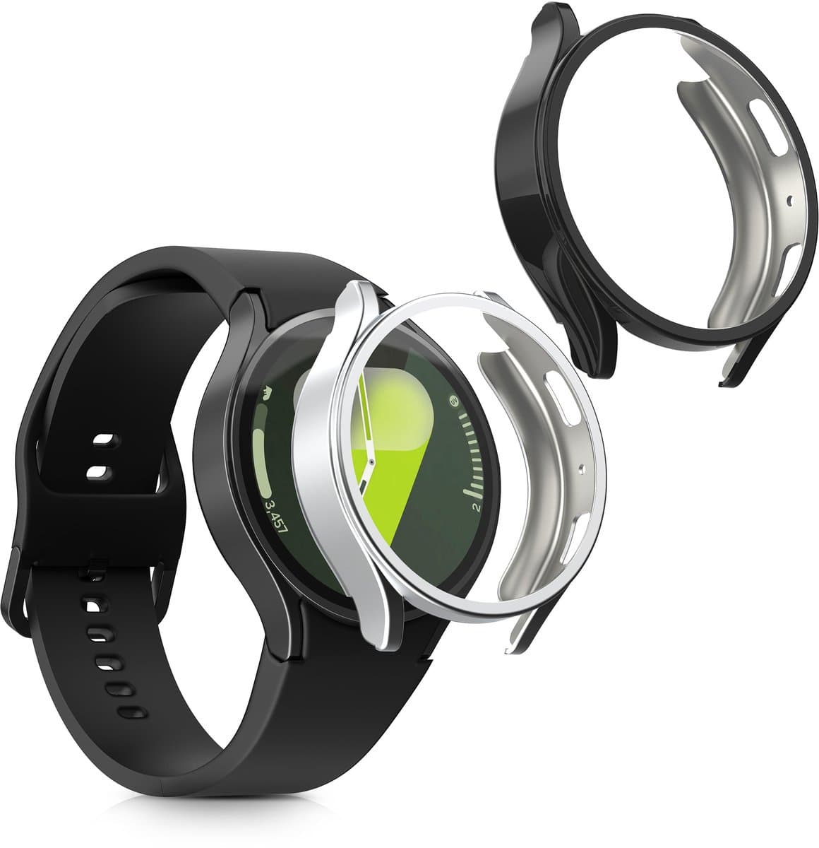 kwmobile 2x smartwatch hoes geschikt voor Samsung Galaxy Watch 7 44mm hoesje - Siliconen sporthorloge cover - Activity tracker case in zwart / zilver — afbeelding 1