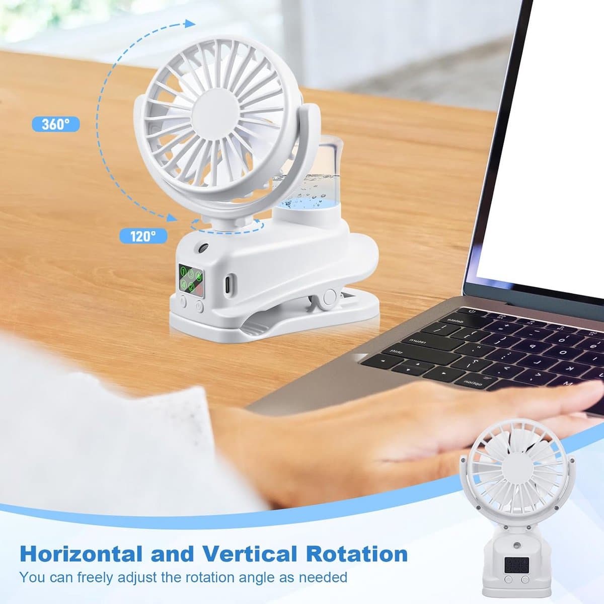 Klemventilator met USB-oplaadfunctie en 4 snelheden, geschikt voor kantoor en thuis, met LED-display — afbeelding 1