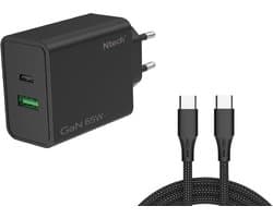 Ntech - USB C Adapter 65W & USB-A 18W - USB C Oplader Zwart - Inclusief USB-C Kabel 1 Meter - USB C Snellader - USB C Lader - Universeel o.a. Telefoons & Laptops