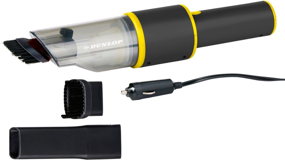 Dunlop Auto Stofzuiger 12V - Handstofzuiger met Borstel en Spleetmondstuk - Auto Stofzuiger met Sigarettenaansteker Aansluiting - Kruimeldief met 3000Pa Zuigkracht - Zwart/Geel — afbeelding 1