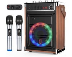 Karaoke Machine - Karaokeset met 2 Draadloze Microfoons - Bluetooth Speaker - Mobiel Karaoke Systeem - Oplaadbaar - PA Systeem - Bruin