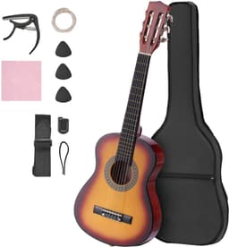 30-Inch Klassieke Gitaar Starter Kit, Houten Akoustische Gitaar voor Beginners, Inclusief Nylon Snaren, Gig Bag, Riem, Tuner, Extra Snaren, Pick en Capo, Ideaal voor Kinderen, Studenten en Beginners, Sunburst Afwerking — thumbnail 1