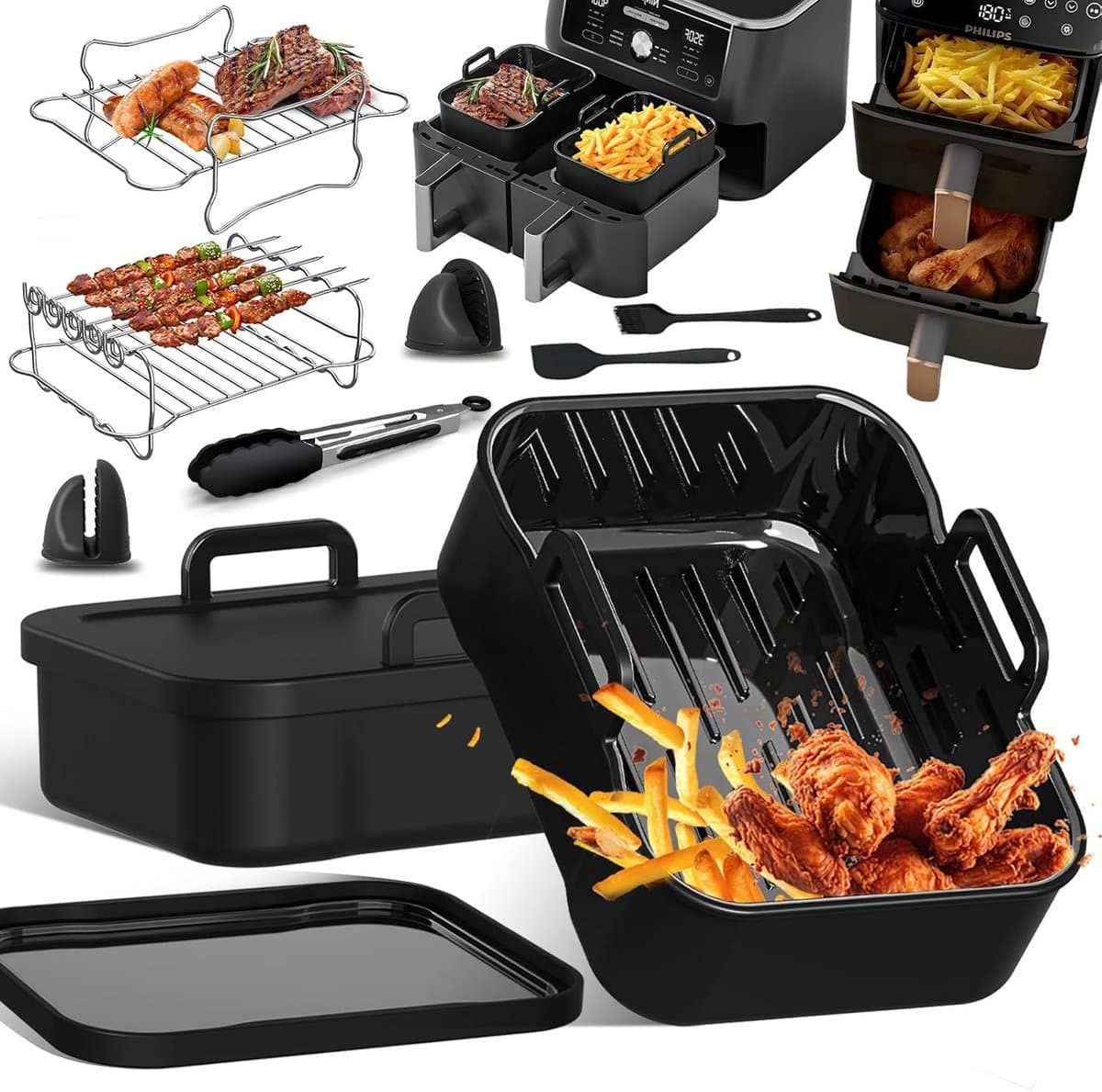 Accessoires Gescht voor Ninja Foodi Max Dual Zone AF400EU 9,5L/Foodi Flexdrawer AF500EU 10,4L, Siliconen Ovenschalen met Deksel Herbruikbare Siliconenvorm Accessoires voor Andere Dual Zone Airfryer — afbeelding 1