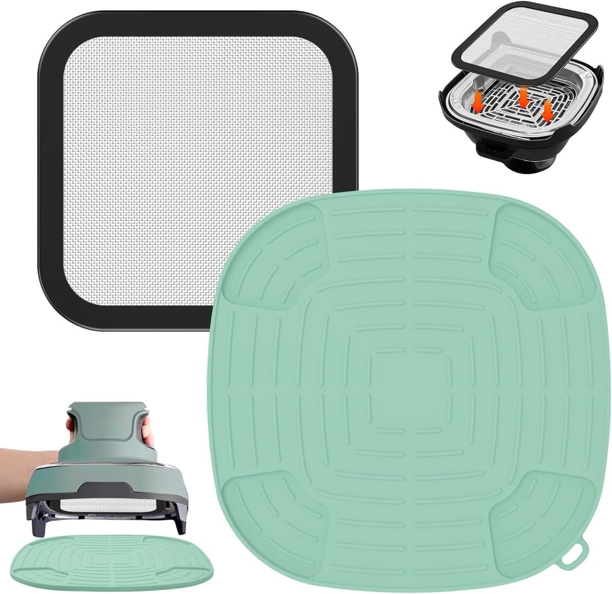 Airfryer accessoires Gescht voor Ninja CRISPi 1x roestvrij staal fijnmazige spatbescherming + 1x siliconen hittebestendige onderlegger voor Ninja heteluchtfriteuse FN101EUGY, FN101EUST en — afbeelding 1