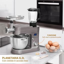 Krachtige Planetaire Mixer 1200W met 6.2L RVS Kom, Inclusief Deegkneedhaken, Garde en Vleesmolen — thumbnail 3