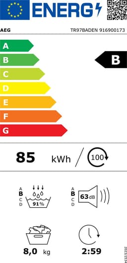 AEG TR97BADEN 9000 AbsoluteCare Plus 8 kg, 63 db, 550 W, 850x596x657 mm, 50.4 kg, Wit — thumbnail 3