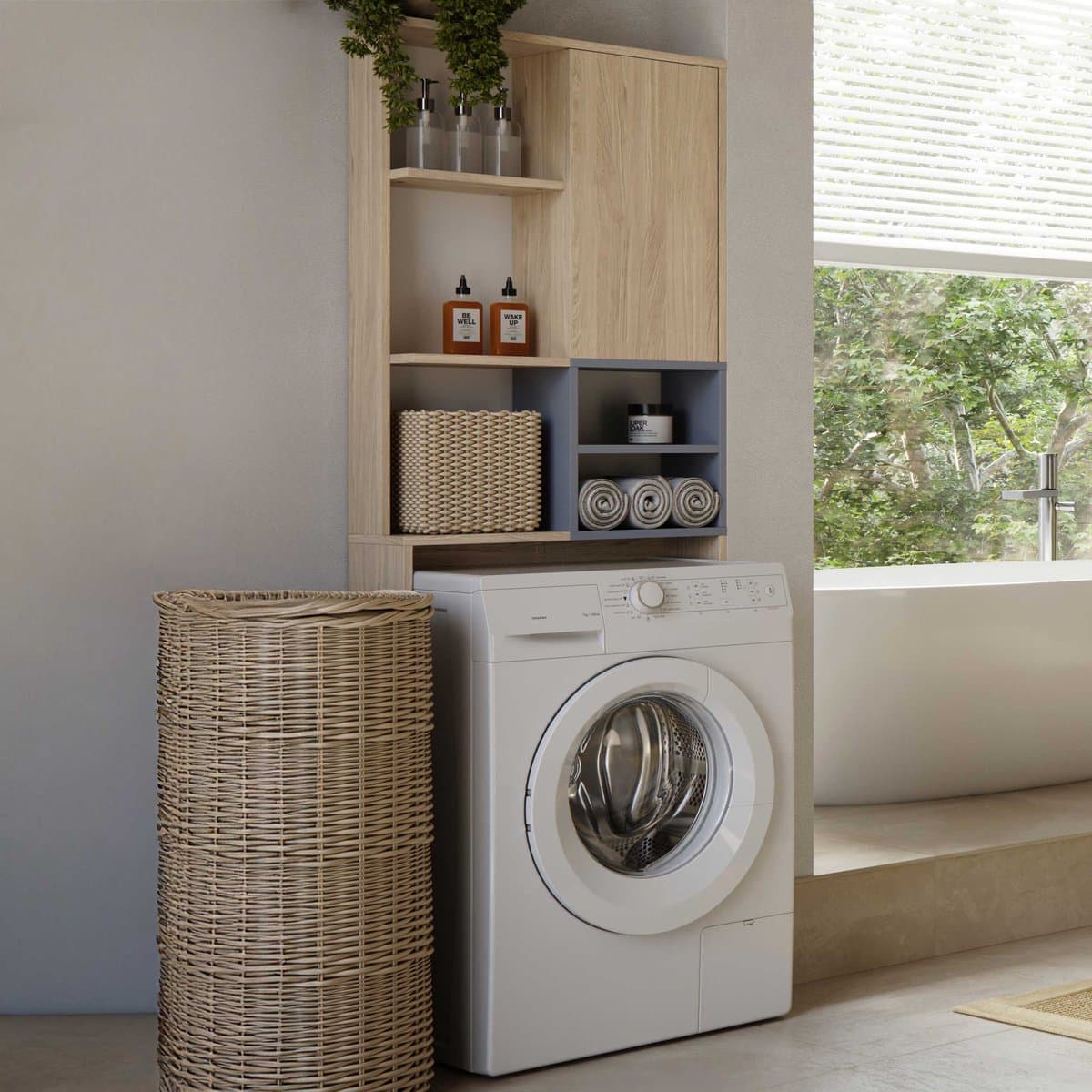 Wasmachinekast Kuba 4 legplanken, 1 draaideur-lichte eik/celadon grijs - Symbiosis - wasmachinekast_enkel - Bruin - Melamine; Spaanplaat — afbeelding 1