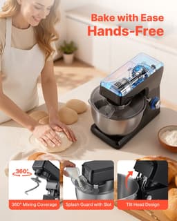 Elektrische Keukenmixer, 7,8 L Keukenmixer met 1500 W Motor, 6+P Snelheden, Kantelbaar Kopontwerp, Inclusief 1,5 L Blenderbeker, Roestvrijstalen Kom, Deeghaak, Garde en Klopper voor Bakken en Mixen, Zwart — thumbnail 5