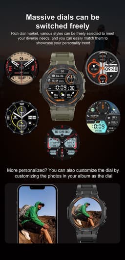 Knobbout 1.52"(3.8cm) LED Sport Smartwatch - Zijwaartse LED-verlichting- Bloeddrukmeting, hartslag monitoring en bloedzuurstof (SpO₂)-controle- Bluetooth belfunctie - Sedentaire herinnering-Sedentaire herinnering-Zwart stall+ siliconen horlogeband — thumbnail 3