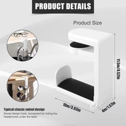 Koptelefoon standaard - Hoofdtelefoon hanger - Koptelefoon houder voor onder bureau - Headset hanger - Headset standaard - Opbergrek - Haken - met 360 graden draaibare haak en kabelclip - voor hoofdtelefoons, petten, brillen - wit — thumbnail 5