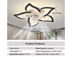 Plafondventilator met Licht en Afstandsbediening, Modern LED Dimbaar, 6 Snelheden, Zwart/Wit — afbeelding 1