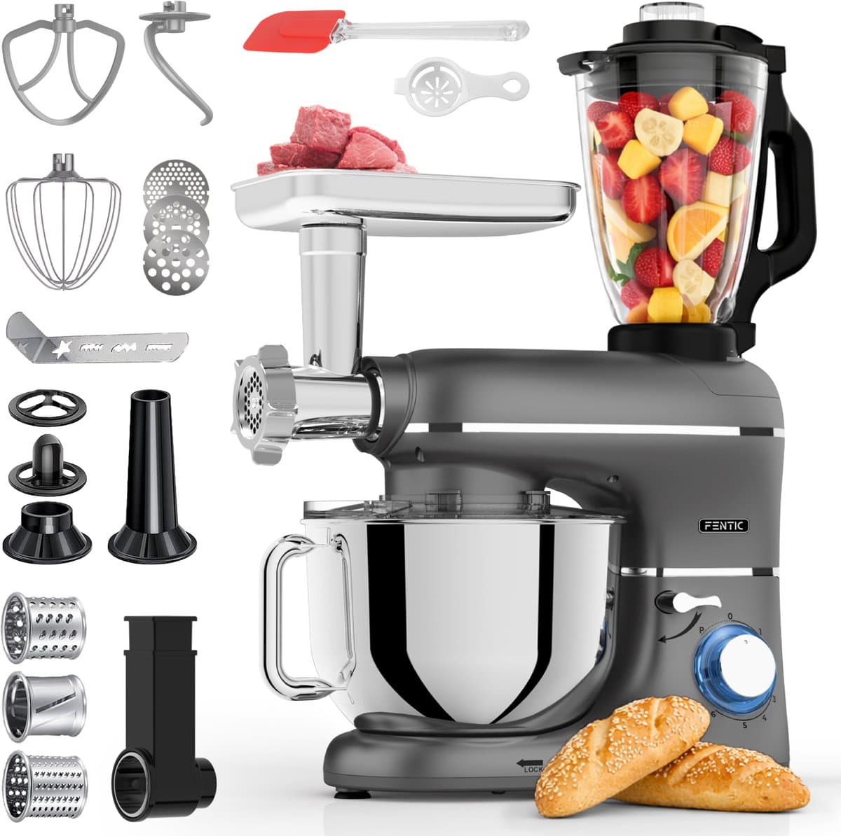 Fentic Keukenmachine – 2000W – Keukenrobot – Foodprocessor - 6,2L Mengkom – Incl. Vleesmolen, Blender en extra Accessoires – Antraciet — afbeelding 1
