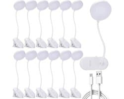 Set van 12 Oplaadbare LED Boekenlampjes met Klem en 3 Lichtstanden