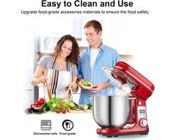 Lunekiss Keukenmixer 6L met RVS mengkom, LED-timer en 1200W stille DC-motor - 6 snelheden, standmixer met accessoires set - Rood