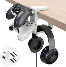 Hoofdtelefoonstandaard en controllerhouder met 360° draaibare functie, tafelbevestiging en kabelorganizer - universele gaming-accessoires - wit. — thumbnail 1