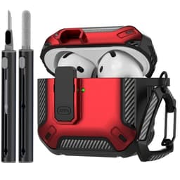Rood robuust hoesje voor oordopjes met carbon look geschikt voor AirPods 4 inclusief schoonmaakset en karabijnhaak – schokbestendig en duurzaam — thumbnail 1
