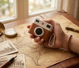 Bruin wit hoesje voor oordopjes unisex in retro camera vorm met karabijnhaak geschikt voor AirPods 4 met leerlook structuur en reliëf details — thumbnail 2