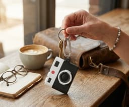 Zwart wit hoesje voor oordopjes unisex in retro camera vorm met karabijnhaak geschikt voor AirPods Pro 2 met reliëf details en compact ontwerp — thumbnail 4