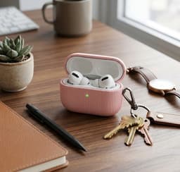 Luxe geribd hoesje voor oordopjes – Vertical Stripe design met sleutelhaak, geschikt voor AirPods Pro 2 (Roze) — thumbnail 3