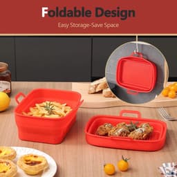 2 stuks - Rechthoekige airfryermand - Opvouwbare siliconen frituurplaat - Rood - Siliconen binnenpan voor airfryer - Rechthoekige siliconen mand — thumbnail 4