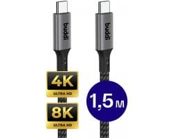 Buddi Flex USB-C naar USB-C Kabel - Power Delivery - 4K/8K@60Hz Video kabel - 20Gbps Dataoverdracht - Beeldscherm Display Monitor PC Kabel - O.a compatibel met laptop, PC & Macbook - 1.5M Zwart