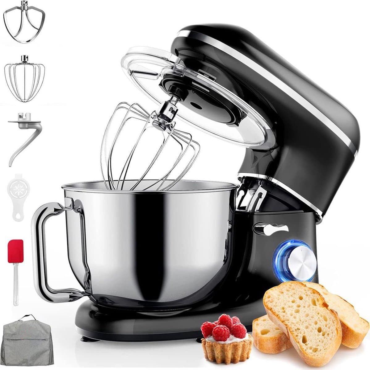 NBAP® Luxe Deegmachine met Spatbescherming - Deegmachine voor Zwaar Deeg - Met Deeghaak en Garde - Kneedmachine - Keukenmachine - Deegmixer met 10 Standen - Zwart met Zilver — afbeelding 1