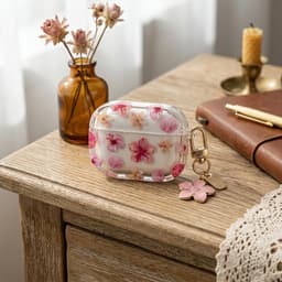 Transparant roze hoesje voor oordopjes dames met bloemen patroon en decoratieve hanger geschikt voor AirPods Pro 3 met ronde vorm en goudkleurige clip — thumbnail 3