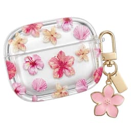 Transparant roze hoesje voor oordopjes dames met bloemen patroon en decoratieve hanger geschikt voor AirPods Pro 3 met ronde vorm en goudkleurige clip — thumbnail 1